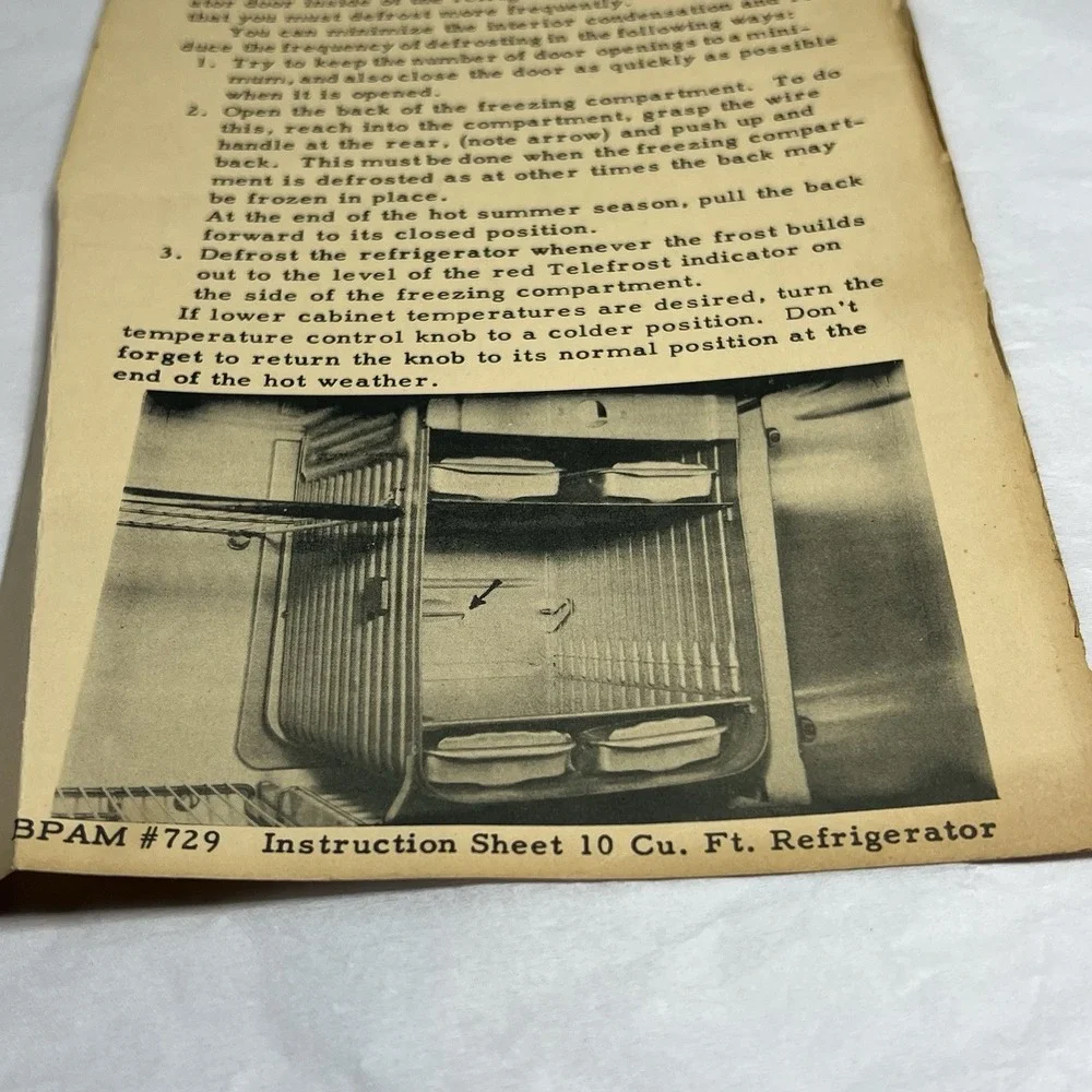 1950 Vintage Refrigerator Instruction Manual Ice Box BPAM #729 10‎ Cu. Ft.